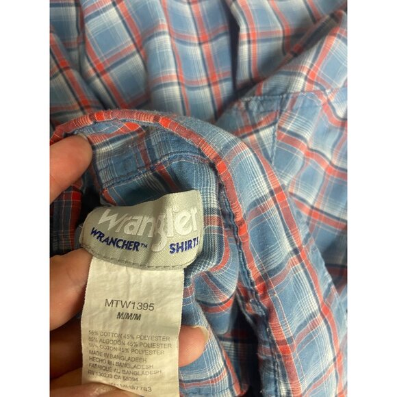 Men's Blue Red‎ Plaid Wrangler Shirt White Pearl Snap Closure Long Sleeve Cowboy - Picture 7 of 7